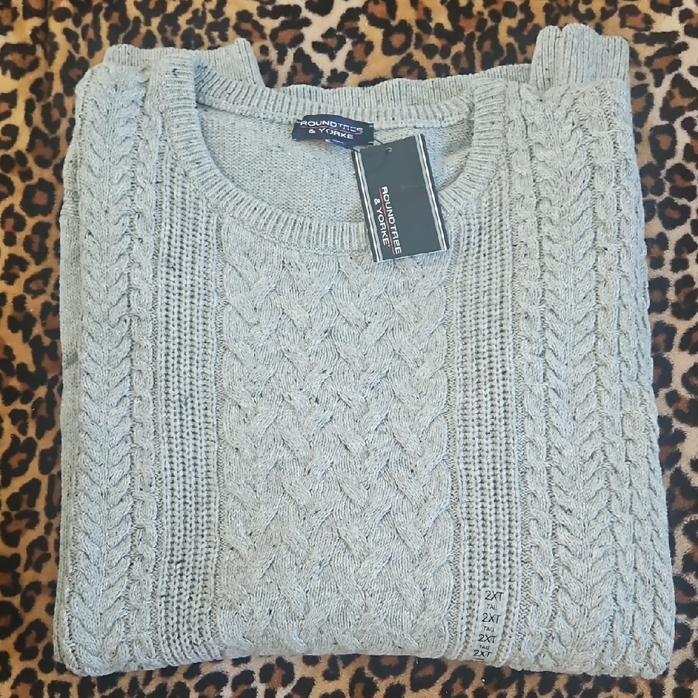 NWT Roundtree & Yorke Silver Cable Knit Pullover Sweater, 2XT (Tall)